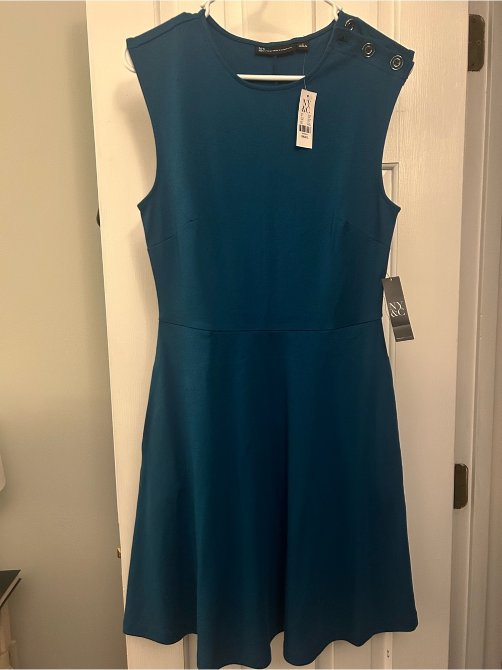 New York & Company Teal Sleeveless A-Line Dress with Snap Shoulder Detail